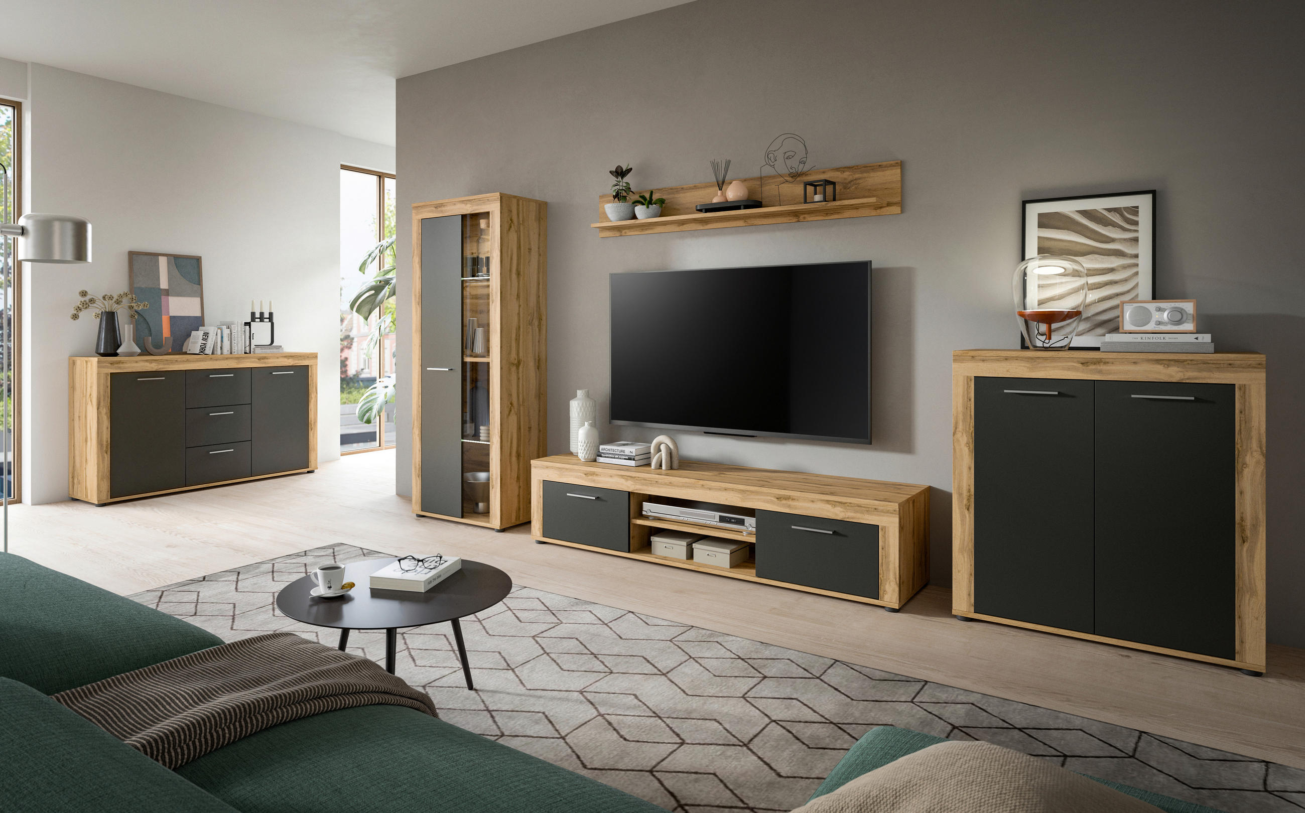 Thumbnail - Mid.you Highboard Jam, Eiche Wotan, Kunststoff, 2 Fächer, 80x88x35 cm, FSC Mix, Wohnzimmer, Kommoden & Sideboards, Highb...