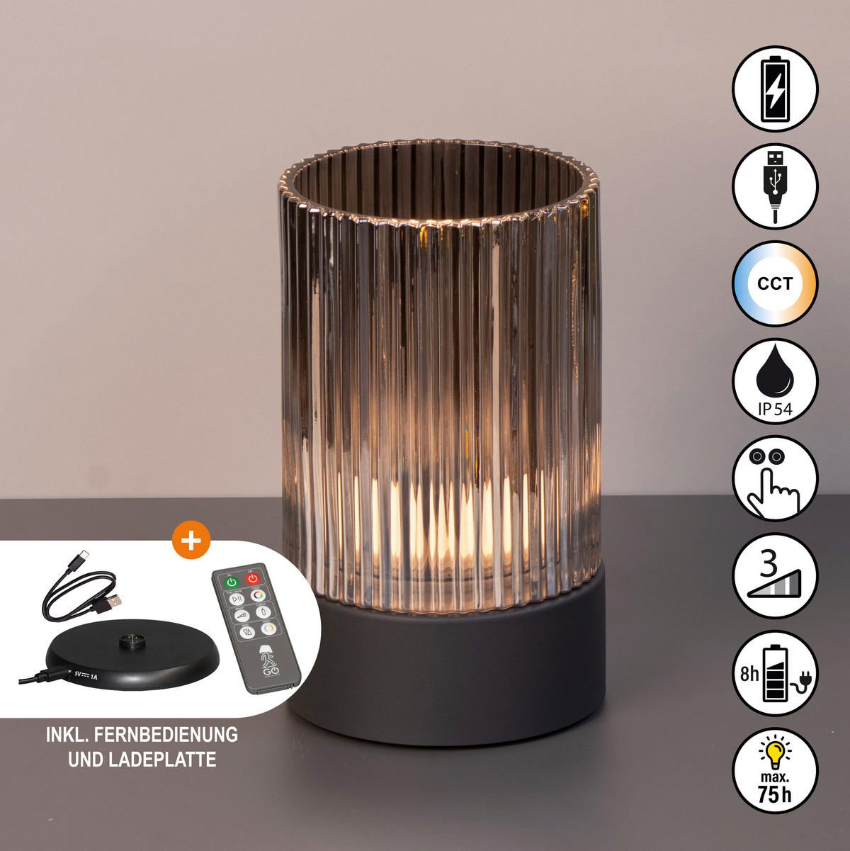 AKKU-TISCHLEUCHTE Ariva Pro 12/20 cm  - Grau, Design, Glas/Metall (12/20cm)