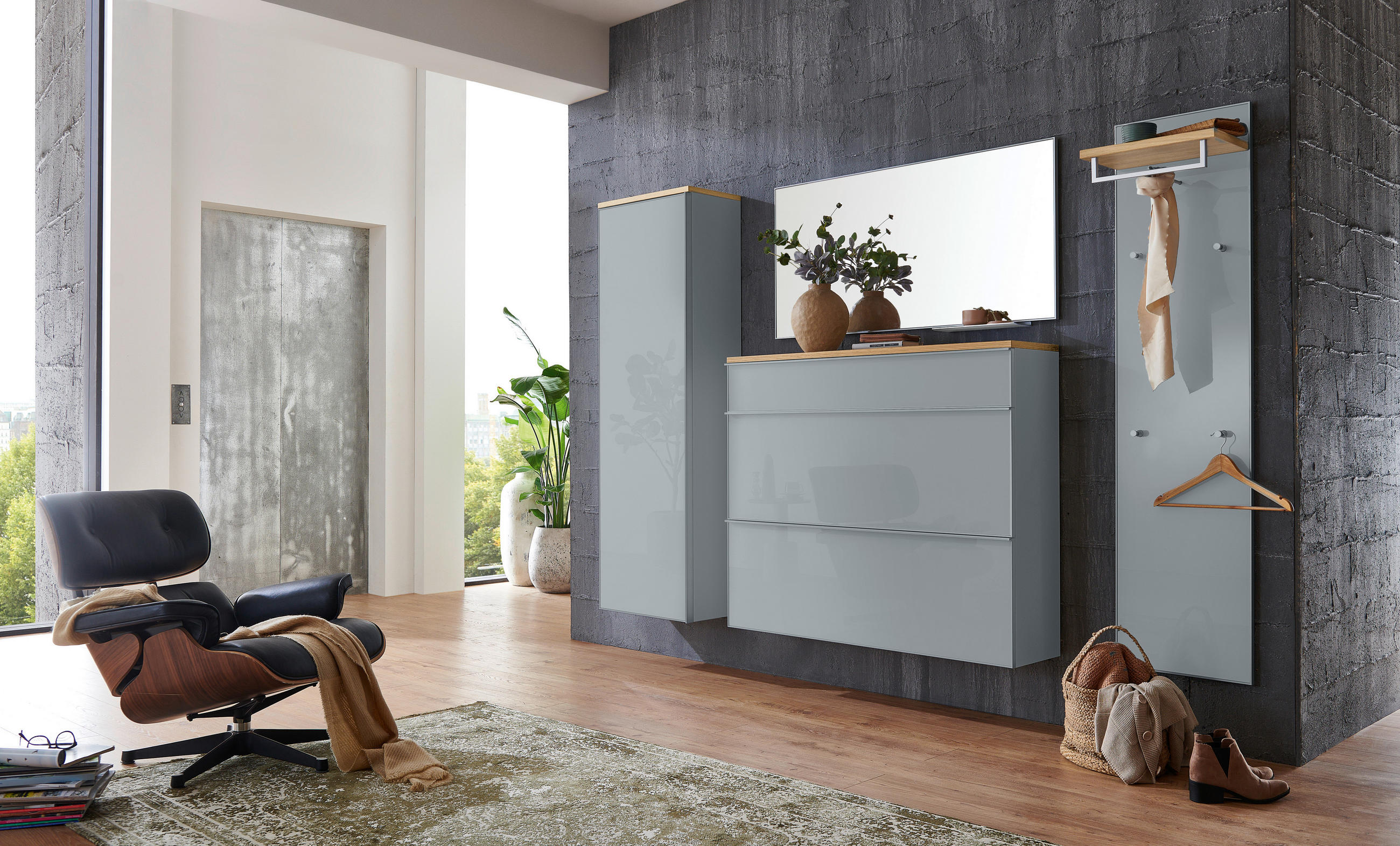 GARDEROBE 5-teilig  in 255/195/31 cm  - Grau, Design, Glas/Holz (255/195/31cm)