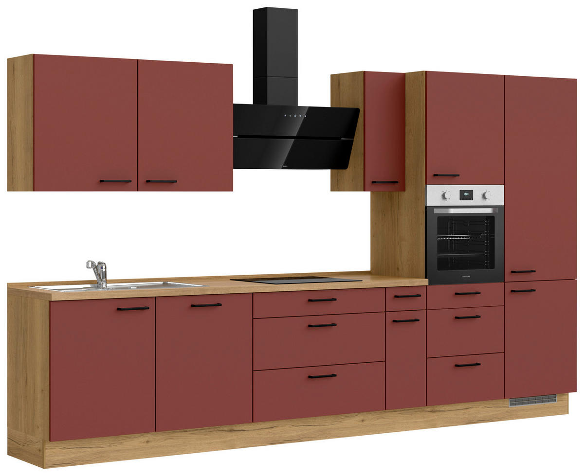 KÜCHENBLOCK Easytouch 360 cm  in Eichefarben, Dunkelrot  - Eichefarben/Schwarz, MODERN, Holzwerkstoff/Metall (360cm) - Nobilia