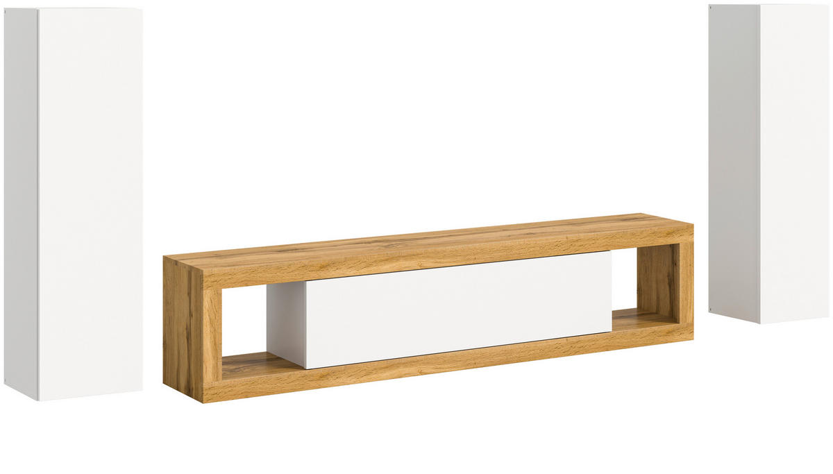 WOHNWAND 3-teilig  in Eiche Wotan, Weiß  270/135/30 cm  - Eiche Wotan/Schwarz, Design, Holzwerkstoff (270/135/30cm) - MID.YOU