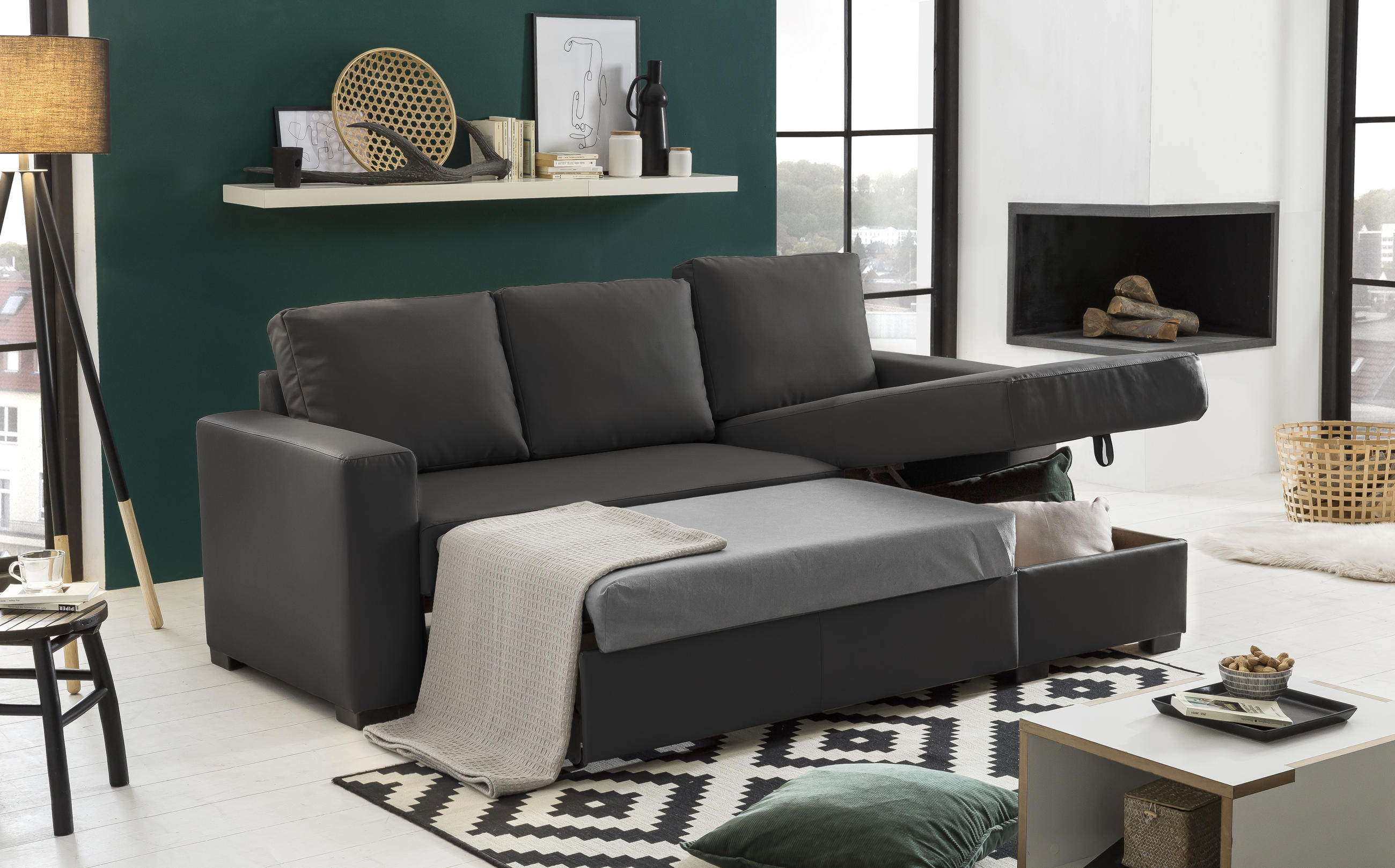 ECKSOFA in Lederlook Dunkelgrau  - Dunkelgrau, Basics, Kunststoff/Textil (220/150cm) - MID.YOU