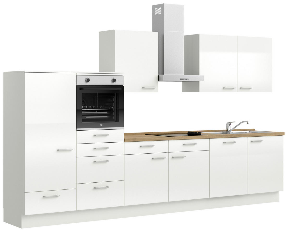 KÜCHENBLOCK 360 cm   in Eichefarben, Weiß Hochglanz  - Edelstahlfarben/Eichefarben, MODERN, Holzwerkstoff/Metall (360cm) - Nobilia