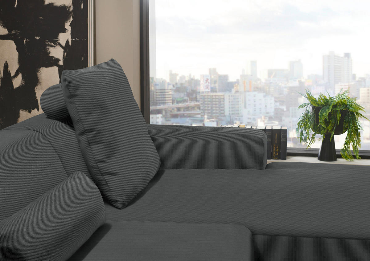 ECKSOFA in Feincord Anthrazit  - Anthrazit/Schwarz, Design, Kunststoff/Textil (301/177cm) - Beldomo Style