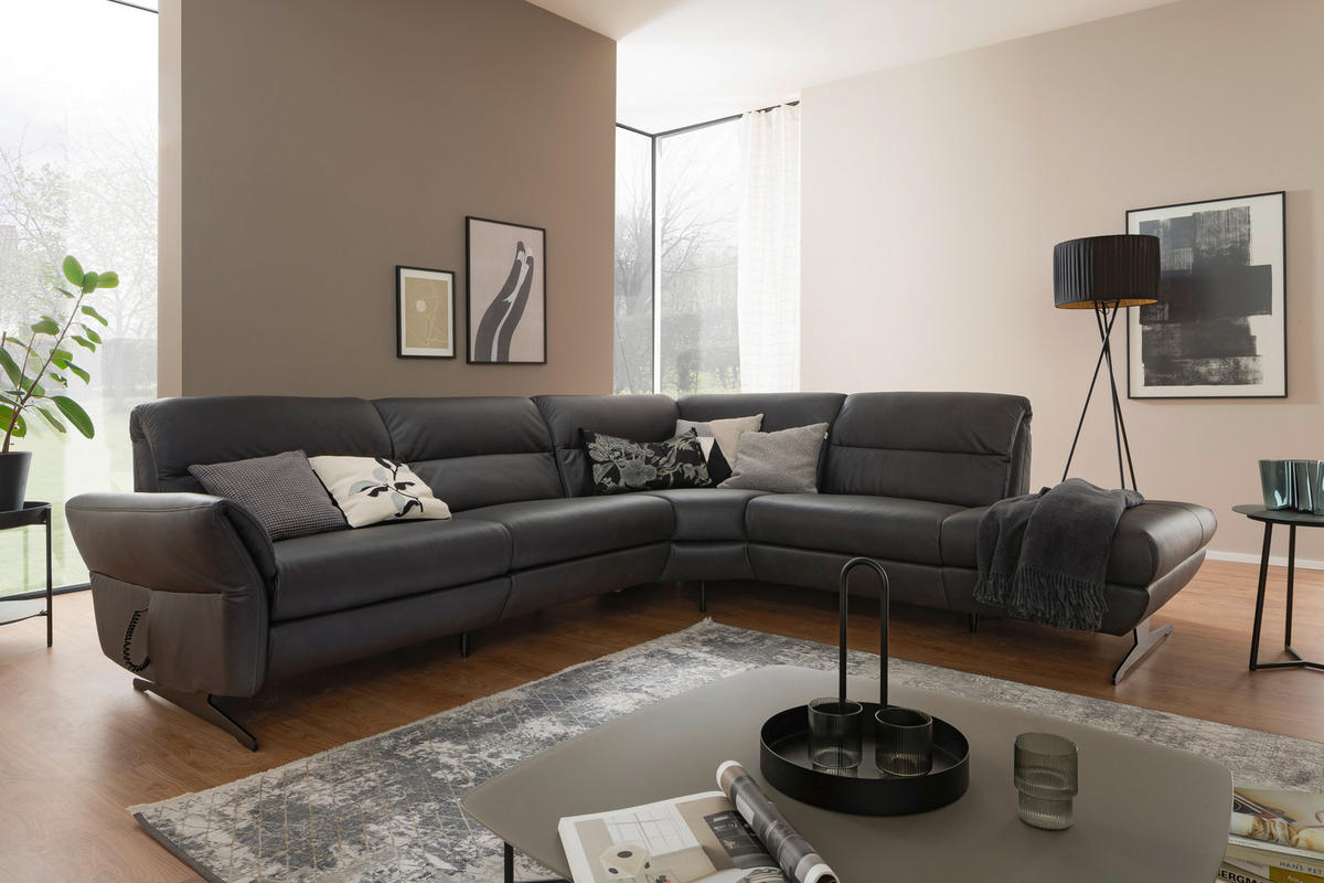 ECKSOFA Anthrazit Echtleder  - Anthrazit/Schwarz, Design, Leder/Metall (286/258cm) - Schöner Wohnen