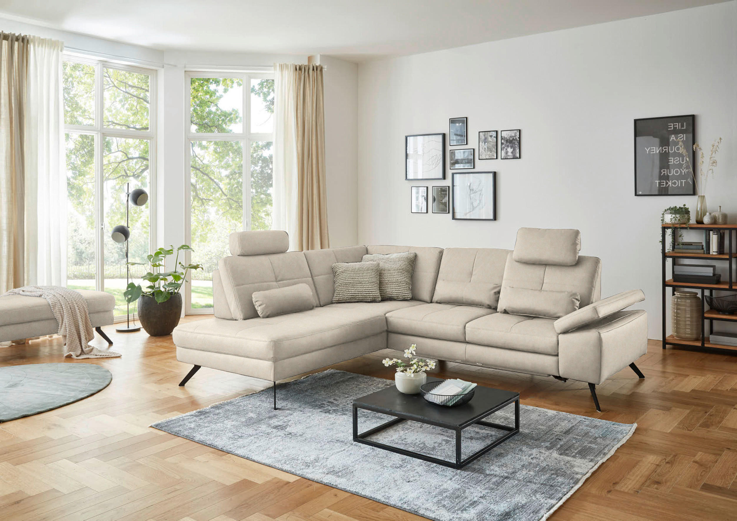 ECKSOFA in Lederlook, Mikrofaser Creme  - Creme/Schwarz, Design, Textil/Metall (194/261cm) - Beldomo System