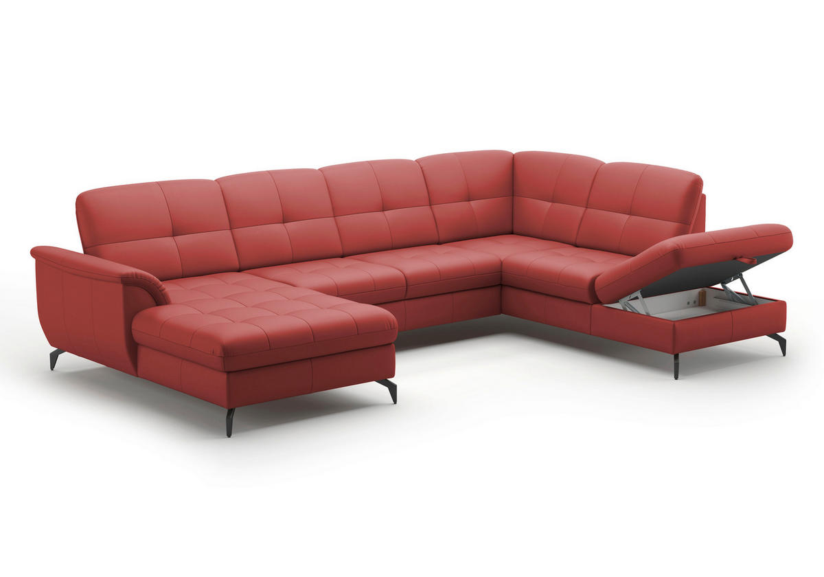 WOHNLANDSCHAFT in Vliesstoff Kombination Echtleder/Stoff Rot  - Rot/Schwarz, Modern, Leder/Textil (164/319/212cm) - Sit & More
