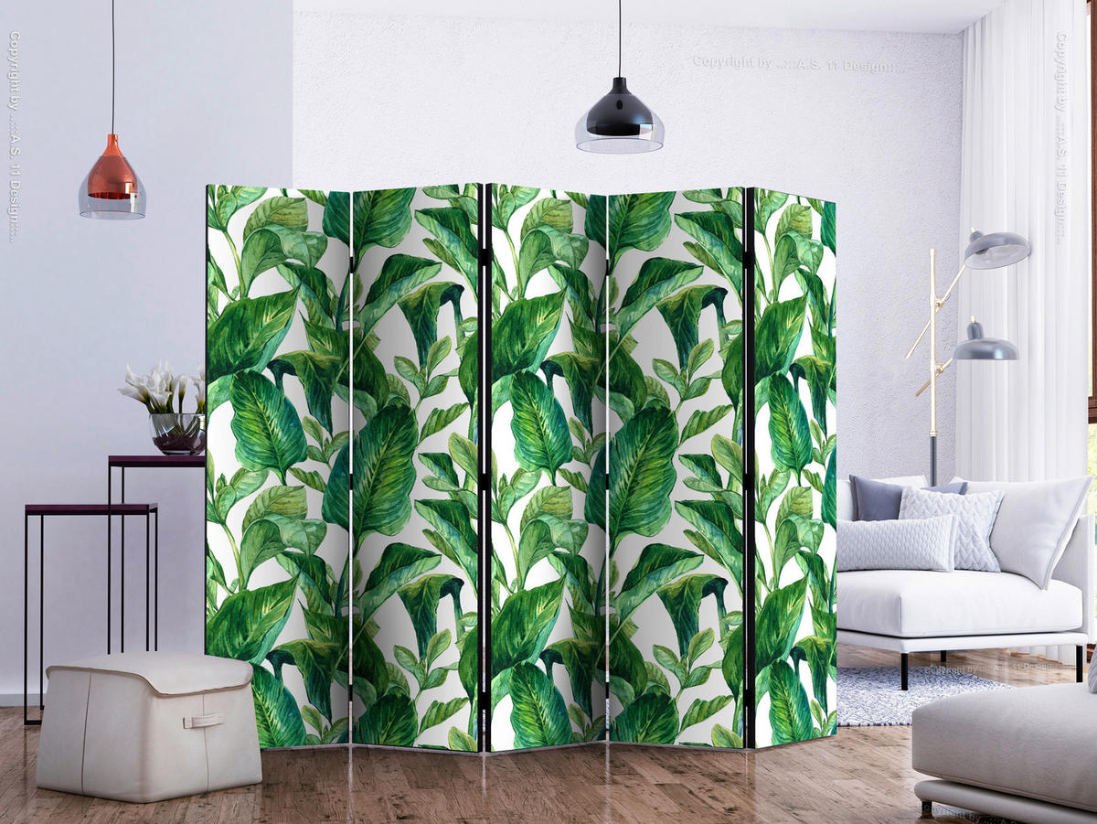 PARAVENT mit 5  Flügel - Weiß/Grün, Basics, Holz/Textil (225/172/3cm) - artgeist