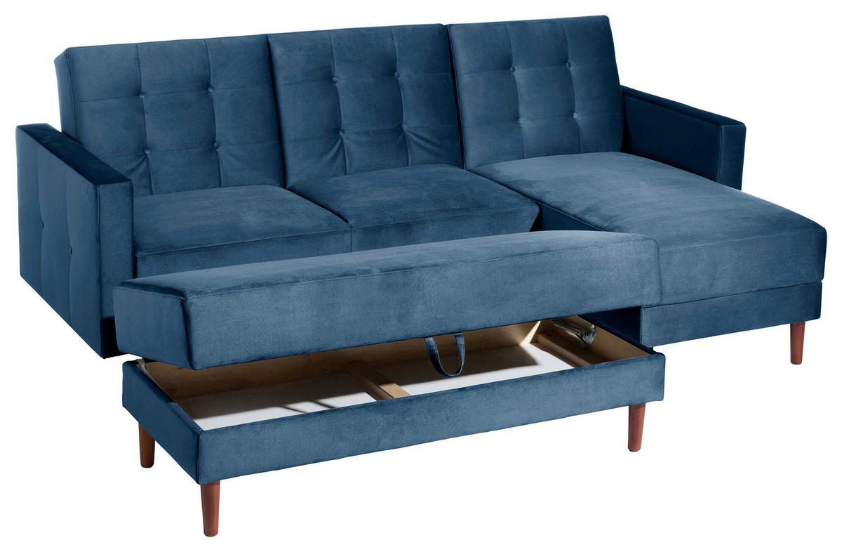 ECKSCHLAFSOFA inkl. Hocker in Dunkelblau Textil   - Eschefarben/Dunkelblau, Design, Holz/Textil (223/152cm) - Max Winzer