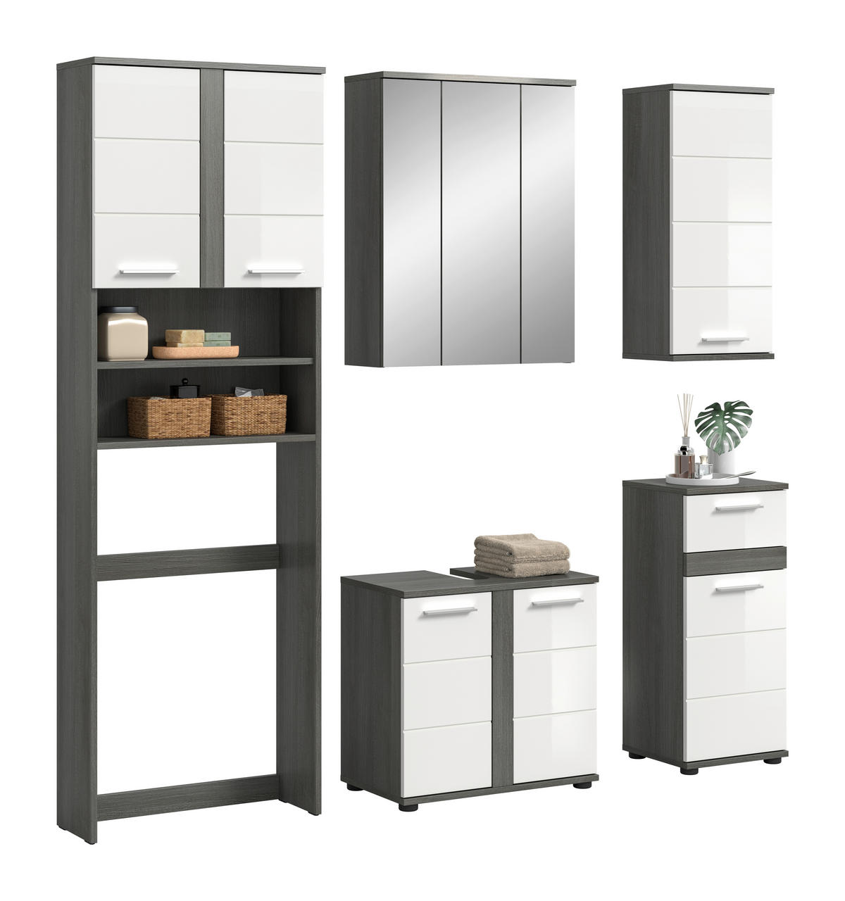 BADEZIMMER 5-teilig  in 188 cm  - Weiß Hochglanz/Silberfarben, Trend, Glas/Holzwerkstoff (188cm) - MID.YOU