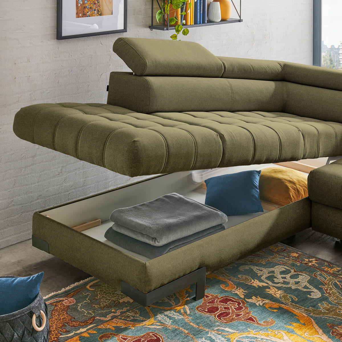 ECKSOFA in Webstoff Olivgrün  - Schwarz/Olivgrün, Design, Textil/Metall (223/263cm) - Welnova