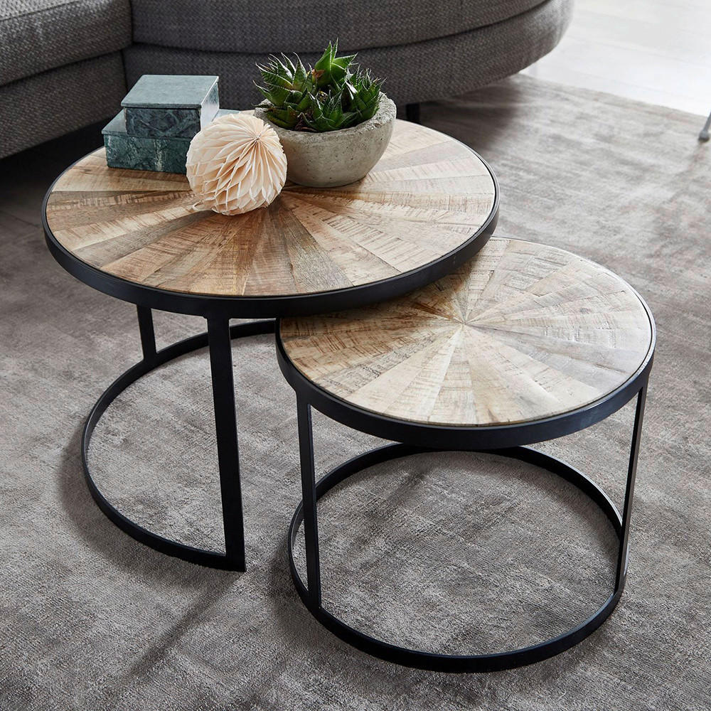 COUCHTISCHSET Mangoholz massiv rund Hellbraun  - Hellbraun/Schwarz, MODERN, Holz/Metall (60/60/40cm) - MID.YOU
