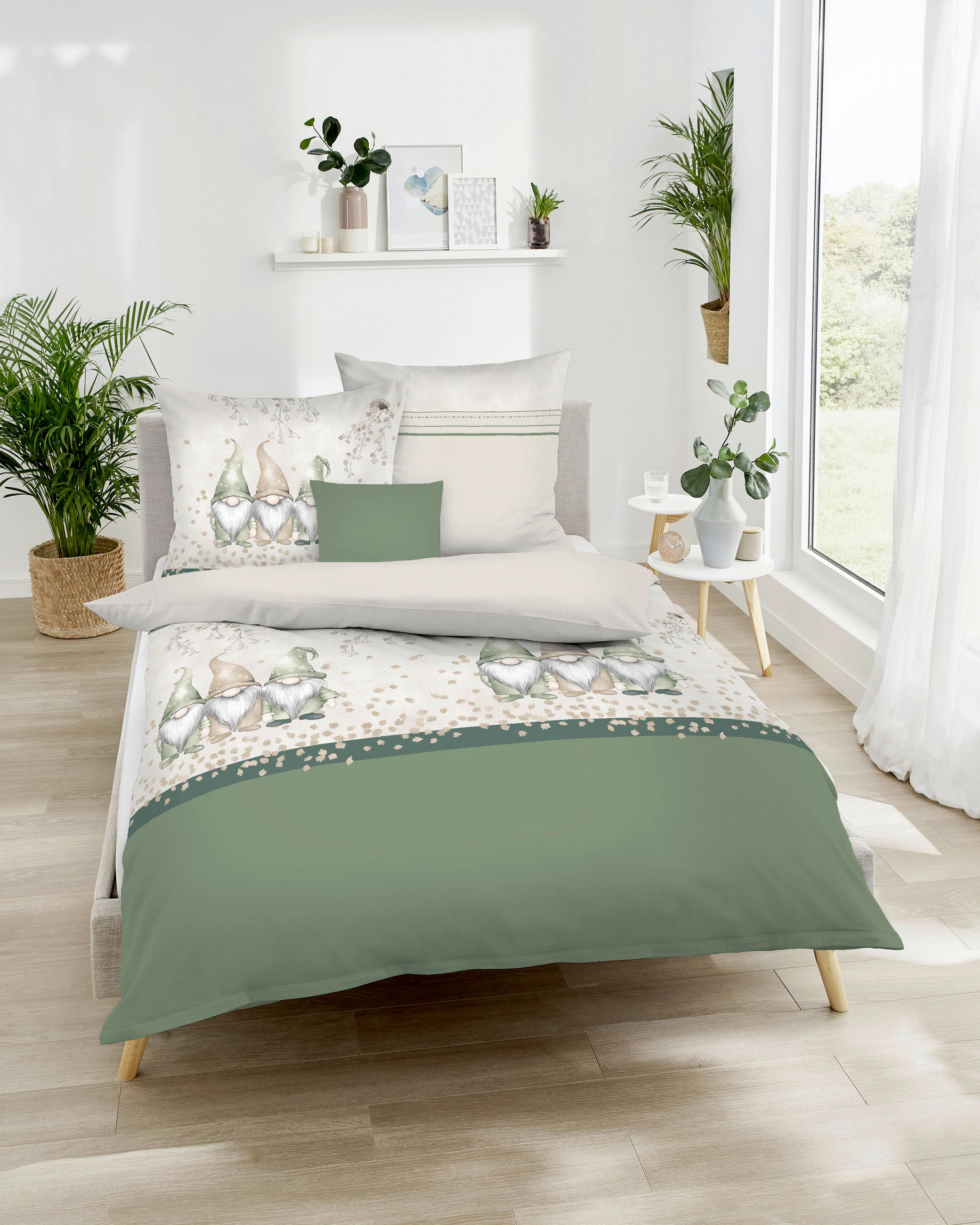 POSTELJNINA Wichtel Kumpel 140/200 cm bombažni flanel olivno zelena   - olivno zelena , Konvencionalno, tekstil (140/200cm) - Kaeppel
