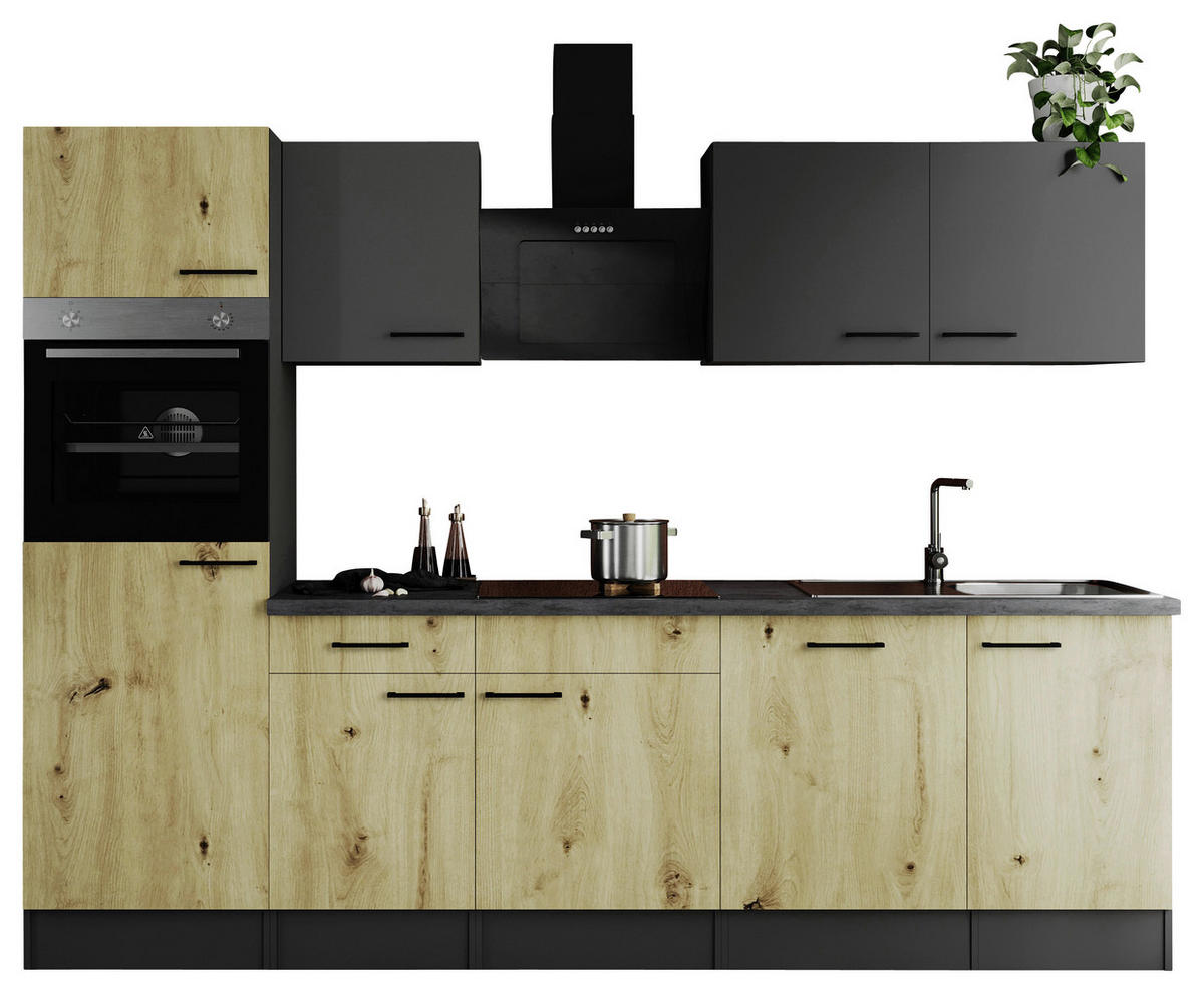 KÜCHENBLOCK 280 cm   in Grau, Eiche Artisan  - Schwarz/Eiche Artisan, Design, Holzwerkstoff/Metall (280cm) - Respekta