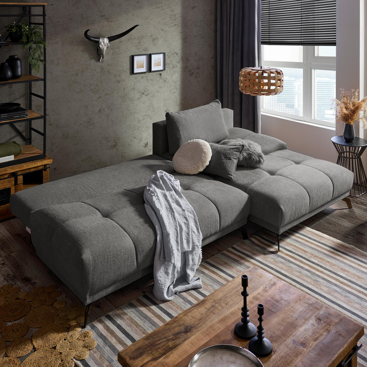 ECKSOFA in Chenille Blau, Braun  - Blau/Schwarz, Modern, Textil/Metall (290/182cm) - Hom`in