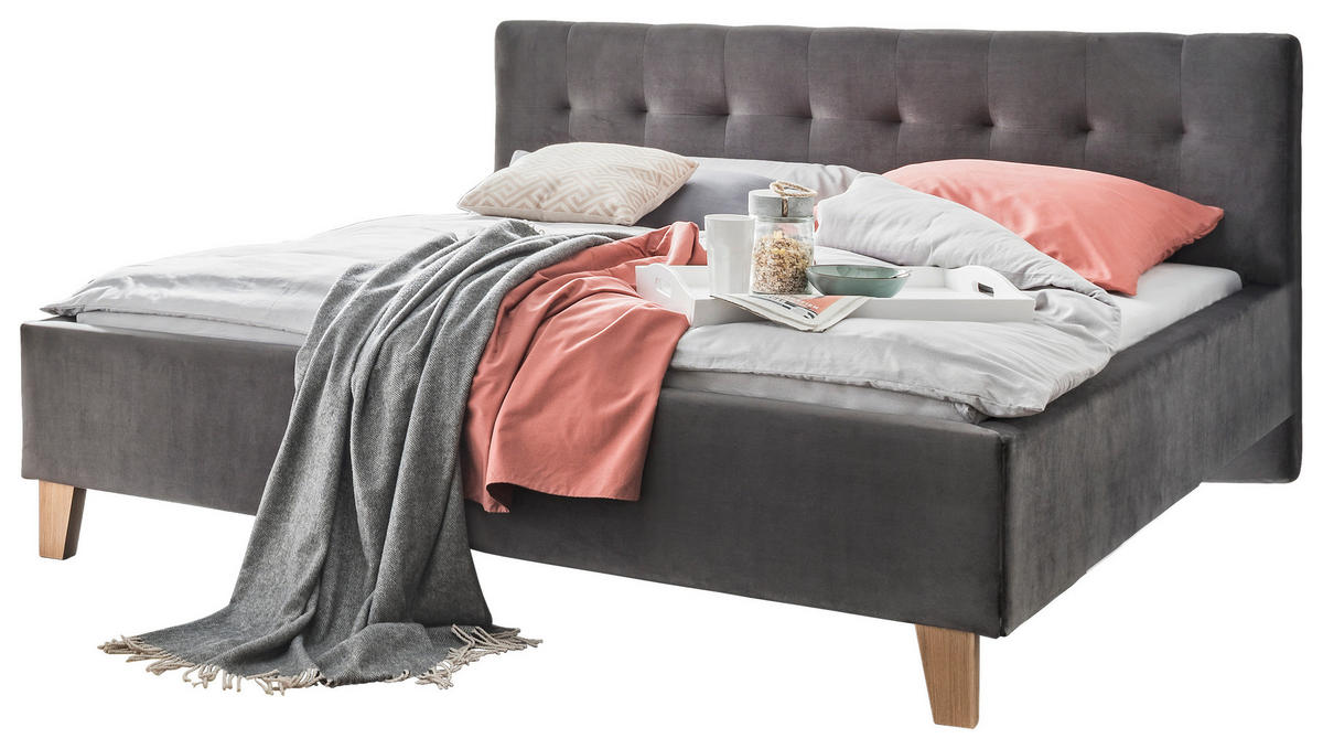 POLSTERBETT gepolstertes Kopfteil Dunkelgrau 140/200 cm  - Eichefarben/Dunkelgrau, Design, Holz/Textil (140/200cm) - Moderano