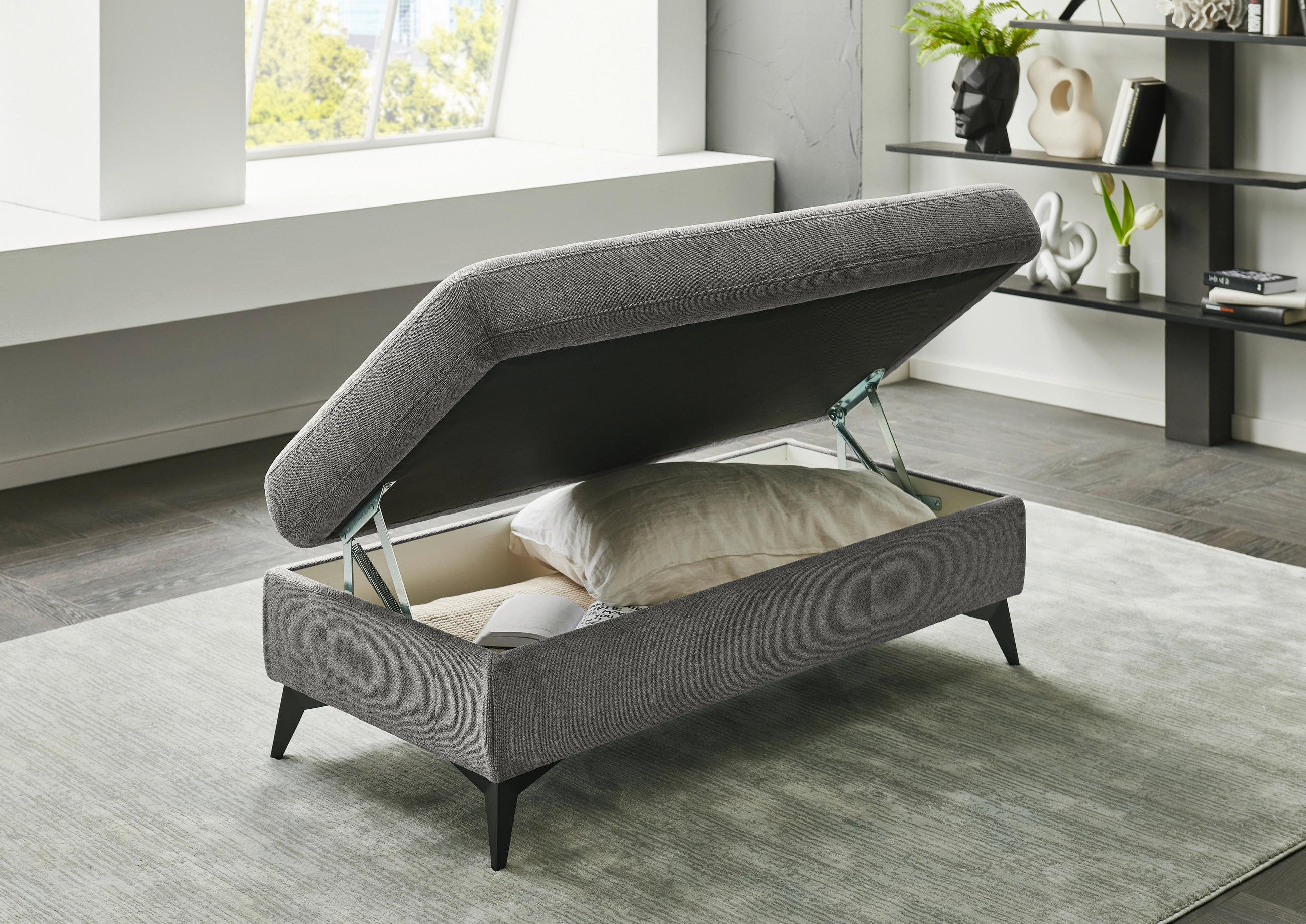 HOCKER Chenille, Flachgewebe Dunkelgrau  - Dunkelgrau/Schwarz, Design, Textil/Metall (131/45/83cm) - Dieter Knoll