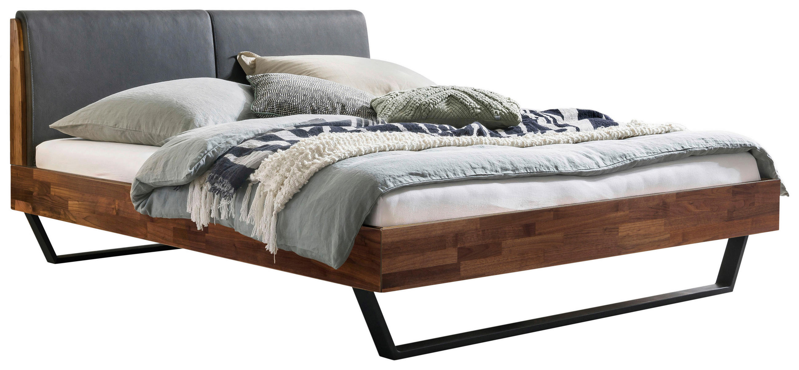 BETT 180/200 cm,  in Anthrazit, Nussbaumfarben, gepolstertes Kopfteil,  - Anthrazit/Nussbaumfarben, Natur, Holz/Metall (180/200cm) - Hasena