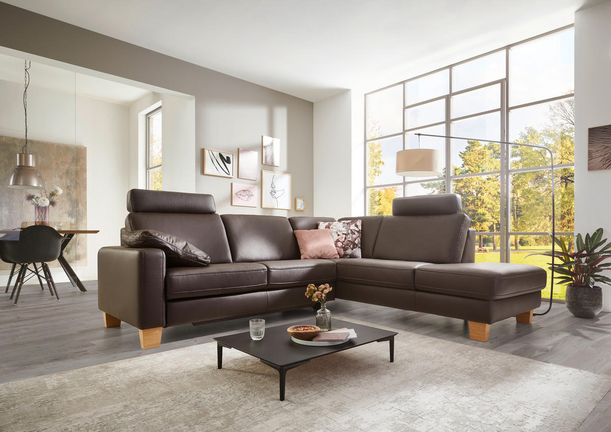 ECKSOFA Echtleder Dunkelbraun  - Eiche Bianco/Dunkelbraun, Natur, Leder/Holz (257/235cm) - Valdera