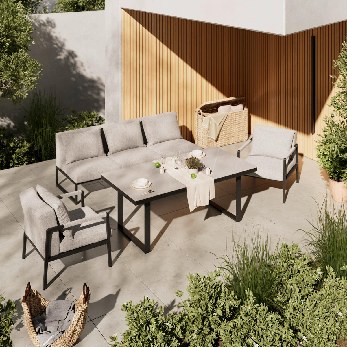 LOUNGEGARNITUR 4-teilig   210/80/86 cm Aluminium  - Anthrazit/Grau, LIFESTYLE, Stein/Textil (210/80/86cm) - Ambia Garden