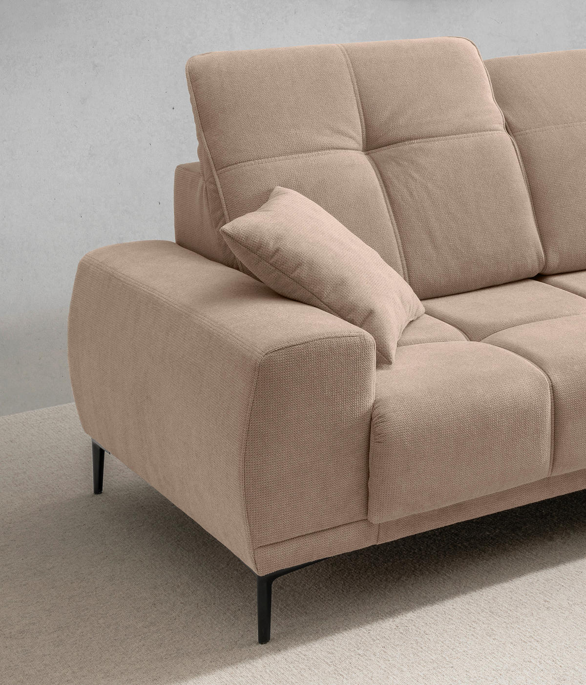 ECKSOFA NESTO Hellbraun Chenille Zierkissen, Kopfteilverstellung, Sitztiefenverstellung  - Hellbraun/Schwarz, Basics, Textil/Metall (292/187cm) - Livetastic