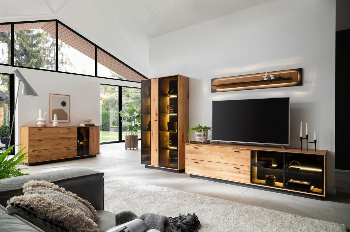 WOHNWAND  in Anthrazit, Eichefarben 319/190/50 cm  - Eichefarben/Anthrazit, Natur, Glas/Holz (319/190/50cm) - Linea Natura