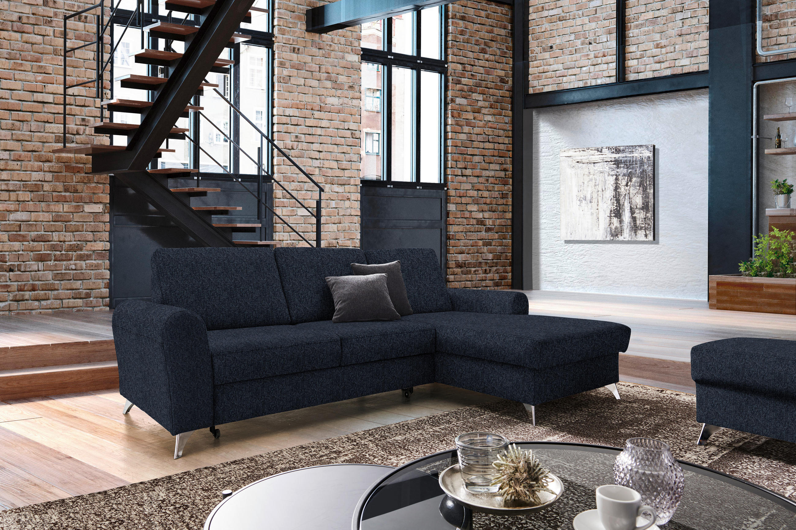 ECKSOFA in Flachgewebe Dunkelblau  - Silberfarben/Dunkelblau, Design, Textil/Metall (244/167cm) - Cantus