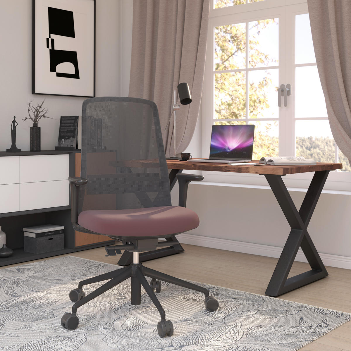 DREHSTUHL Netzbespannung, Webstoff Schwarz, Weinrot  - Weinrot/Schwarz, MODERN, Kunststoff/Textil (70/103-115/70cm)