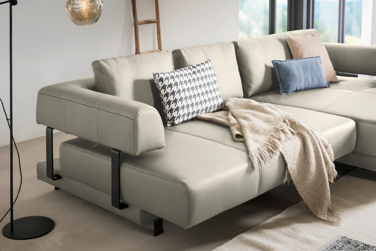 ECKSOFA in Echtleder Creme, Naturfarben  - Creme/Schwarz, Design, Leder/Metall (307/188cm)
