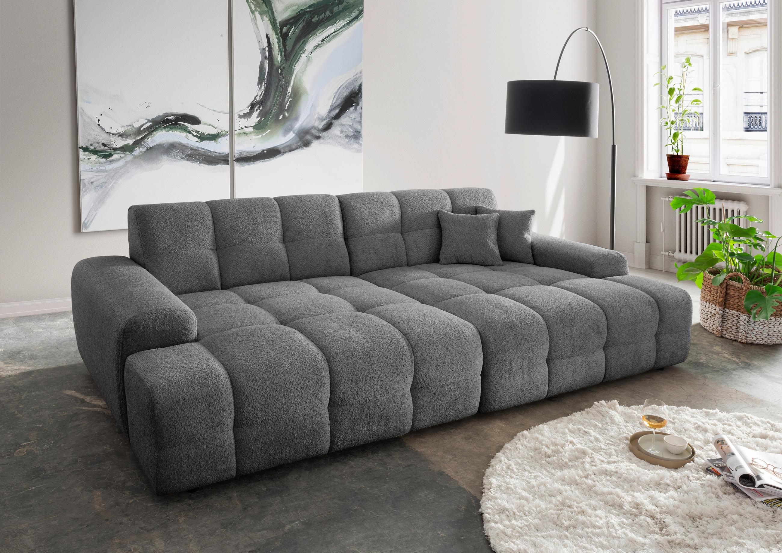 BIGSOFA in Bouclé Anthrazit - Anthrazit/Schwarz, MODERN, Kunststoff/Textil (304/87/155cm) - Livetastic