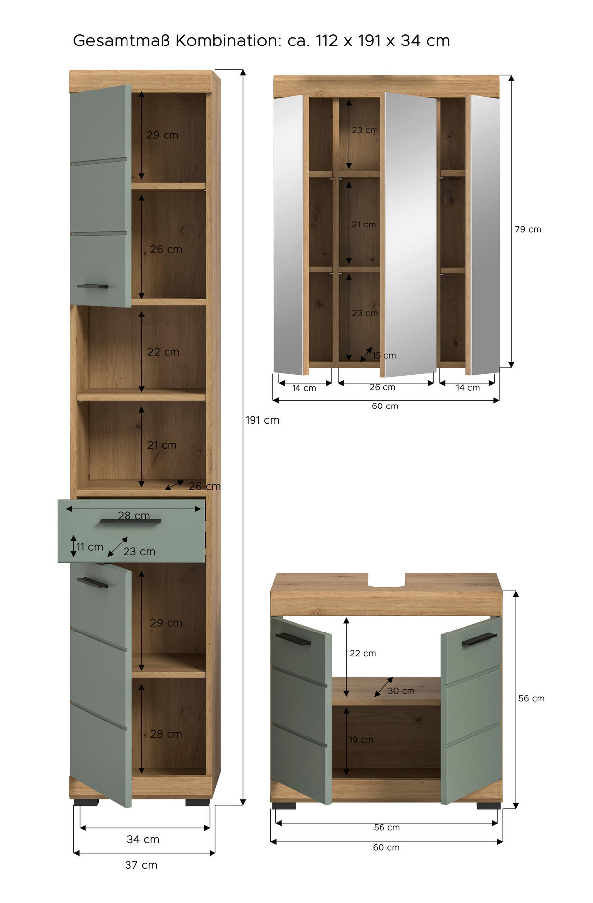 BADEZIMMER 3-teilig  in 97 cm  - Salbeigrün/Eichefarben, MODERN, Glas/Holzwerkstoff (97cm) - MID.YOU