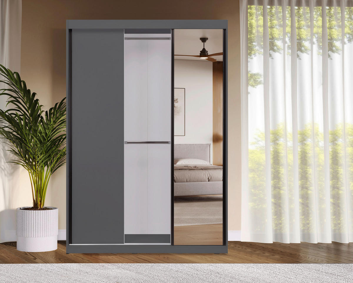 SCHIEBETÜRENSCHRANK 150/215/59,5 cm 3-türig  - Schwarz/Graphitfarben, MODERN, Holzwerkstoff/Metall (150/215/59,5cm) - MID.YOU