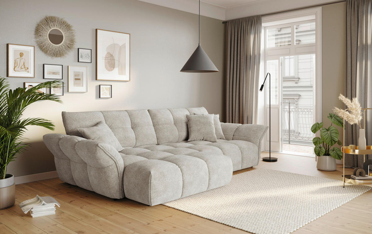 ECKSOFA Hellgrau Chenille Rücken echt  - Hellgrau/Schwarz, Design, Kunststoff/Textil (177/312cm) - Welnova