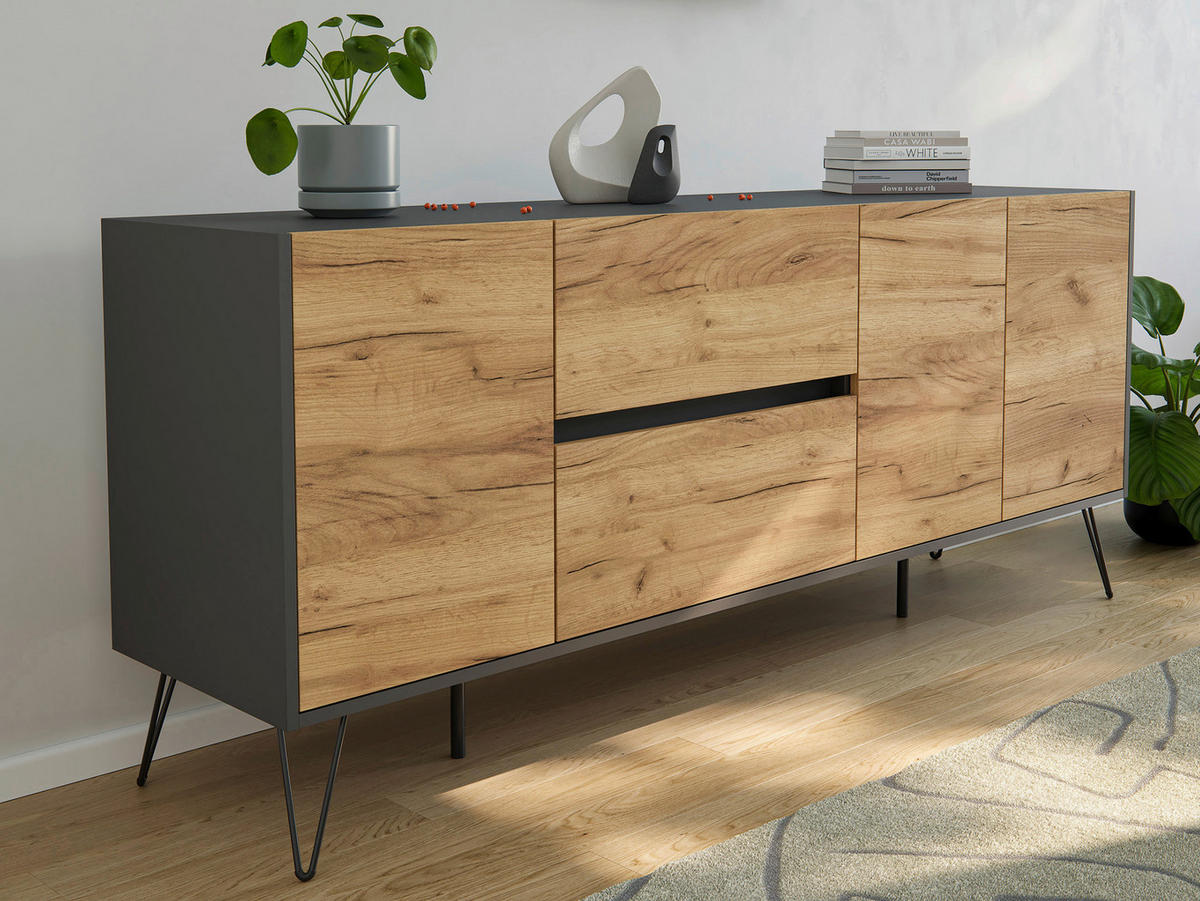SIDEBOARD Posseik Industrial 177/75,8/42 cm 2 Schublade(n)  - Eichefarben/Graphitfarben, Design, Holzwerkstoff/Metall (177/75,8/42cm) - MID.YOU