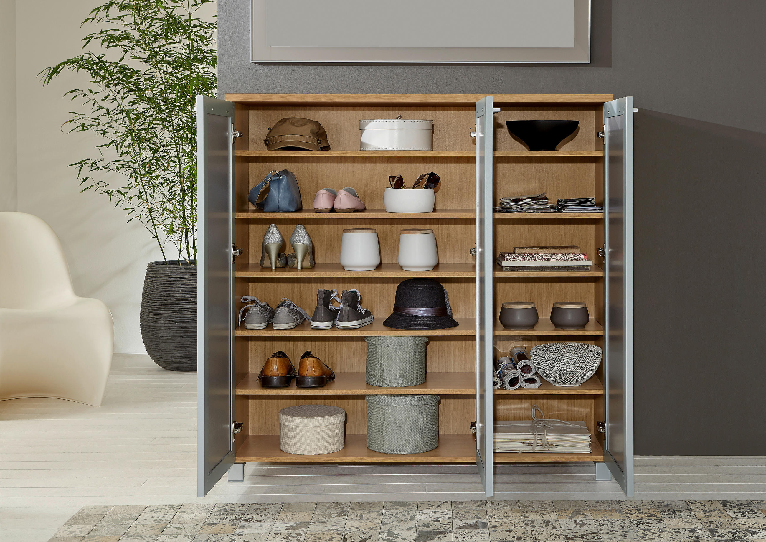 SCHUHSCHRANK Eiche furniert Taupe, Eichefarben  - Taupe/Chromfarben, Design, Glas/Holz (126/126/37cm)