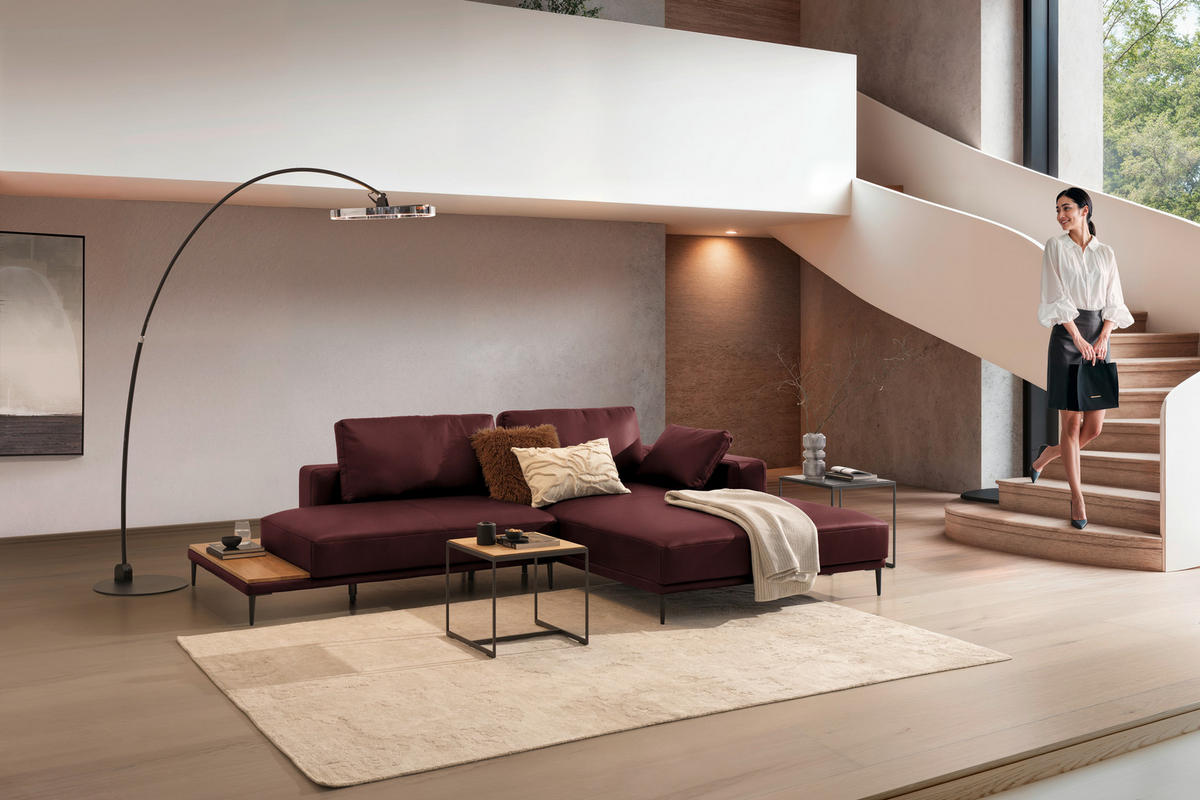 ECKSOFA Echtleder Bordeaux  - Bordeaux/Schwarz, Design, Leder/Metall (304/201cm) - Belluti