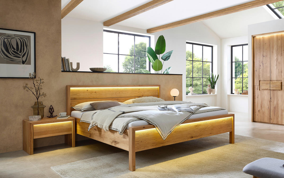 BETT 200/200 cm,  in Naturfarben, Wildeiche, Beleuchtung,  - Wildeiche/Naturfarben, MODERN, Holz (200/200cm) - MID.YOU