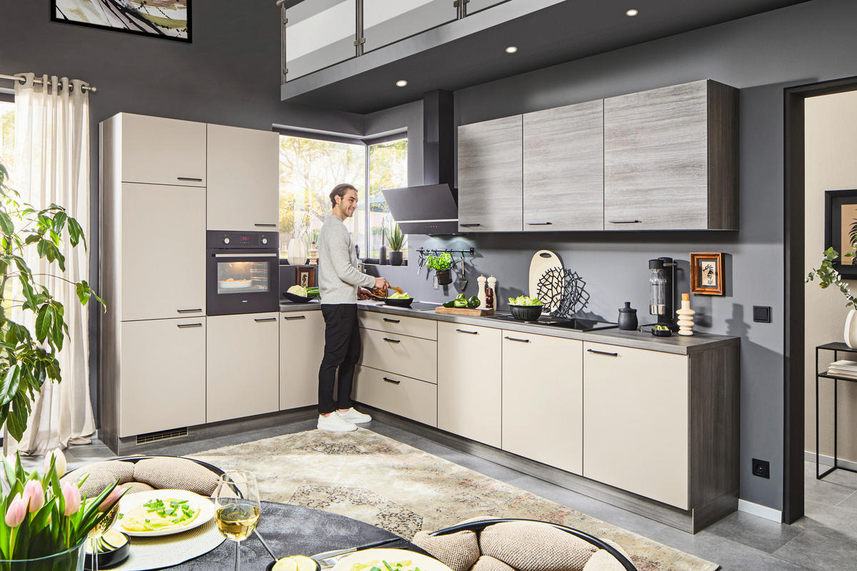 EINBAUKÜCHE   - Creme/Grau, MODERN, Holzwerkstoff - Welnova