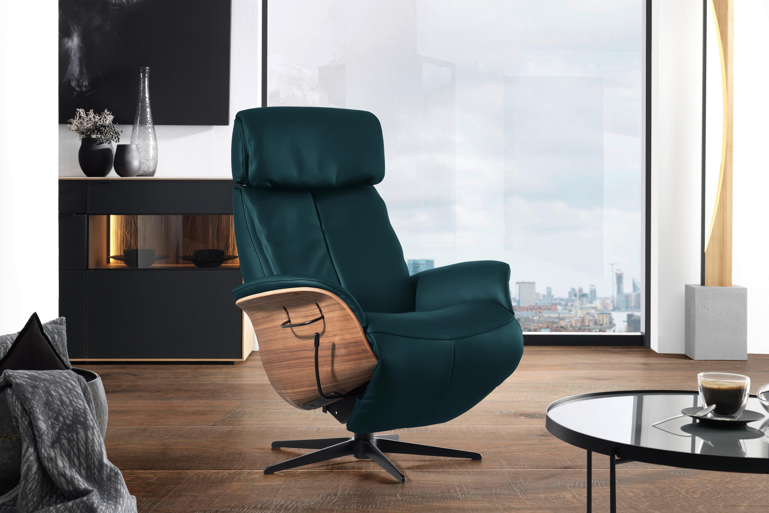 RELAXSESSEL Echtleder Relaxfunktion, Kopfteilverstellung    - Blau/Nussbaumfarben, Design, Leder/Holz (78/104-113/84cm) - Welnova
