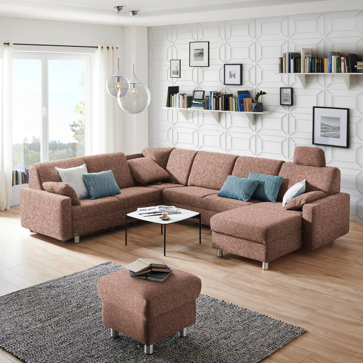 WOHNLANDSCHAFT  in Mikrovelours Terracotta  - Terracotta/Alufarben, KONVENTIONELL, Kunststoff/Textil (236/322/158cm) - Sedda