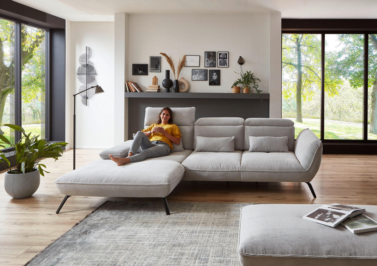 ECKSOFA Hellgrau Cord  - Hellgrau/Schwarz, Design, Textil/Metall (196/301cm) - Moderano