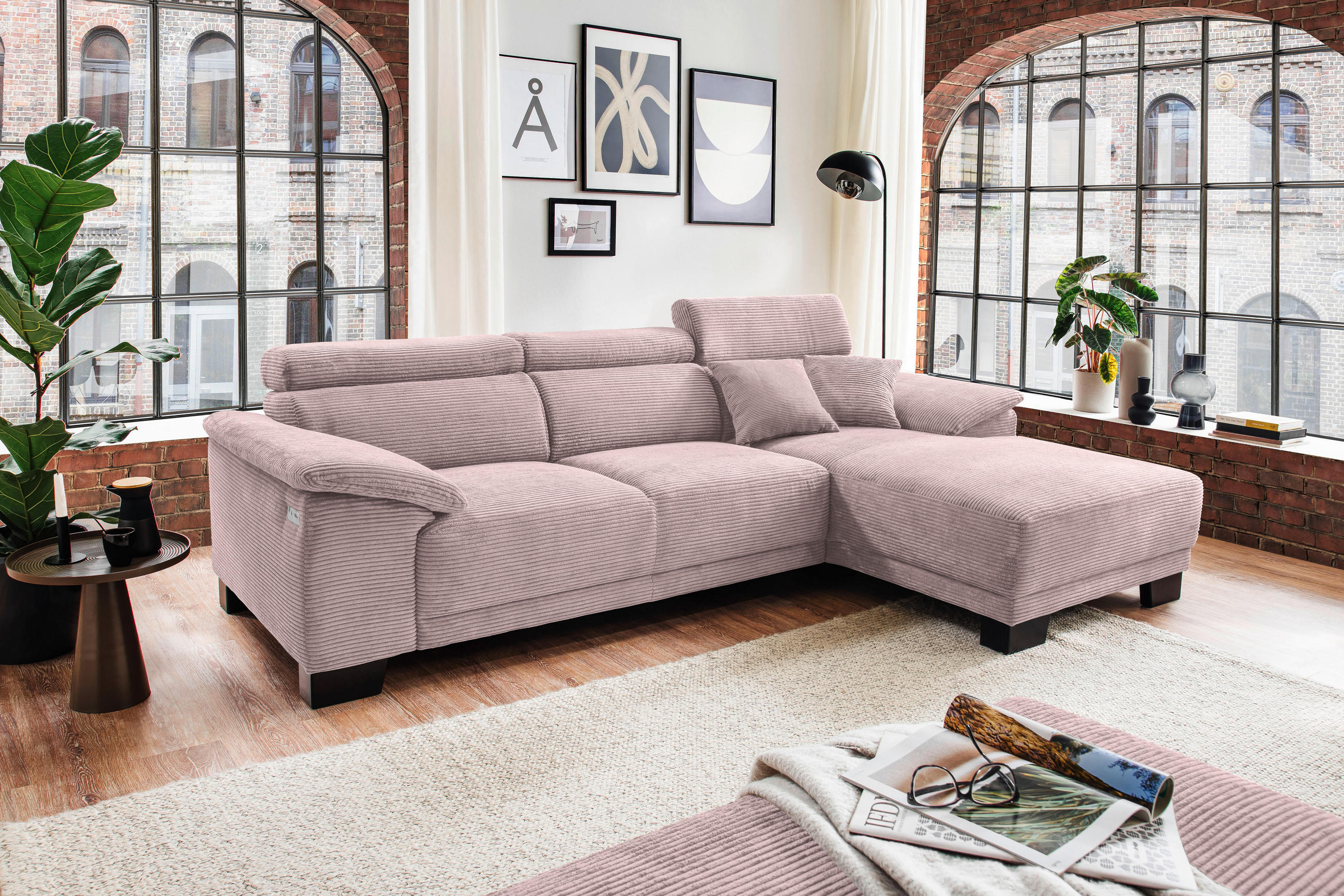 ECKSOFA in Cord Rosa  - Schwarz/Rosa, Design, Holz/Textil (270/174cm) - Pure Home Lifestyle