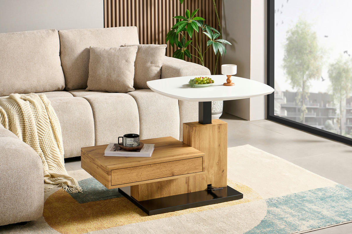 COUCHTISCH 110/70/47.5-66.5 cm quadratisch Schwarz, Weiß, Eichefarben  - Eichefarben/Schwarz, Design, Holzwerkstoff/Metall (110/70/47.5-66.5cm) - MID.YOU