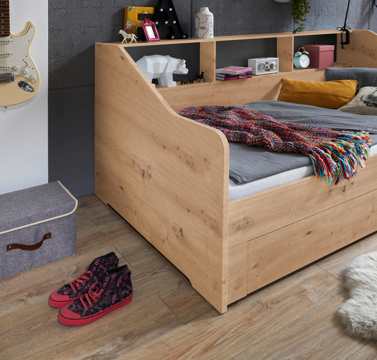 AUSZIEHBETT 90-180/200 cm  in Dunkelgrau, Eiche Artisan  - Dunkelgrau/Buchefarben, KONVENTIONELL, Holzwerkstoff (90-180/200cm) - Carryhome