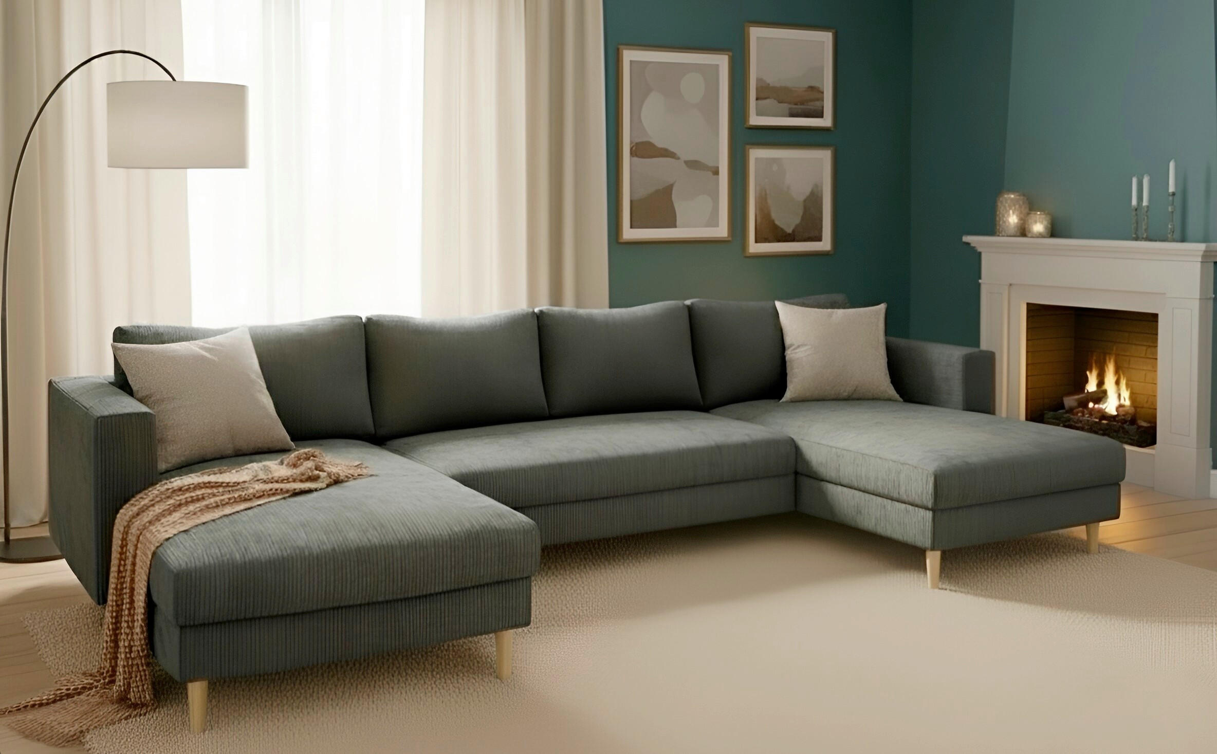 WOHNLANDSCHAFT Dunkelgrau Cord  - Dunkelgrau/Buchefarben, MODERN, Holz/Textil (161/306/161cm) - Trendmanufaktur