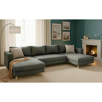 WOHNLANDSCHAFT Dunkelgrau Cord  - Dunkelgrau/Buchefarben, MODERN, Holz/Textil (161/306/161cm) - Trendmanufaktur