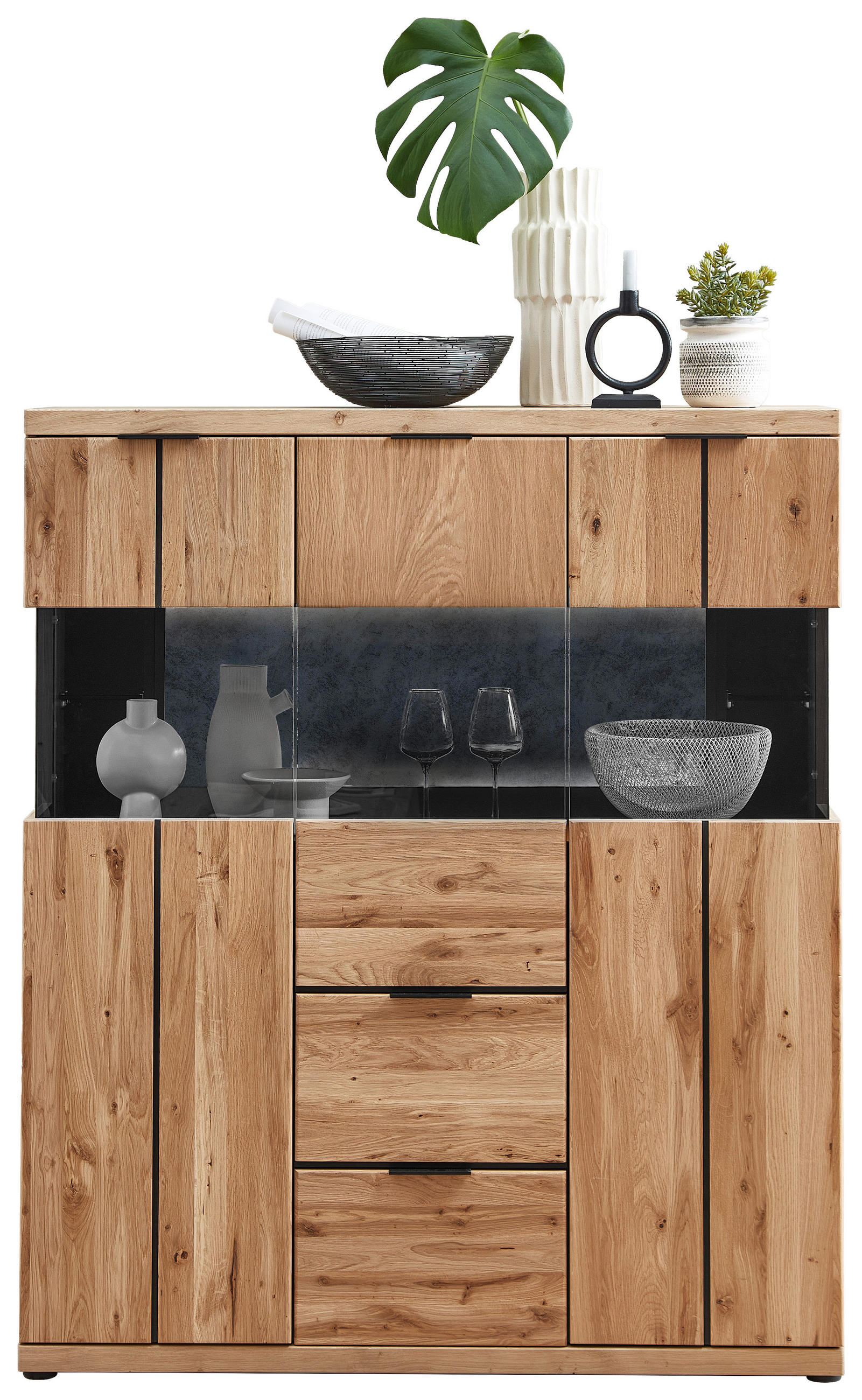 HIGHBOARD  122/144/42 cm 2 Schublade(n)  - Eiche Bianco/Anthrazit, Natur, Glas/Holz (122/144/42cm) - Linea Natura