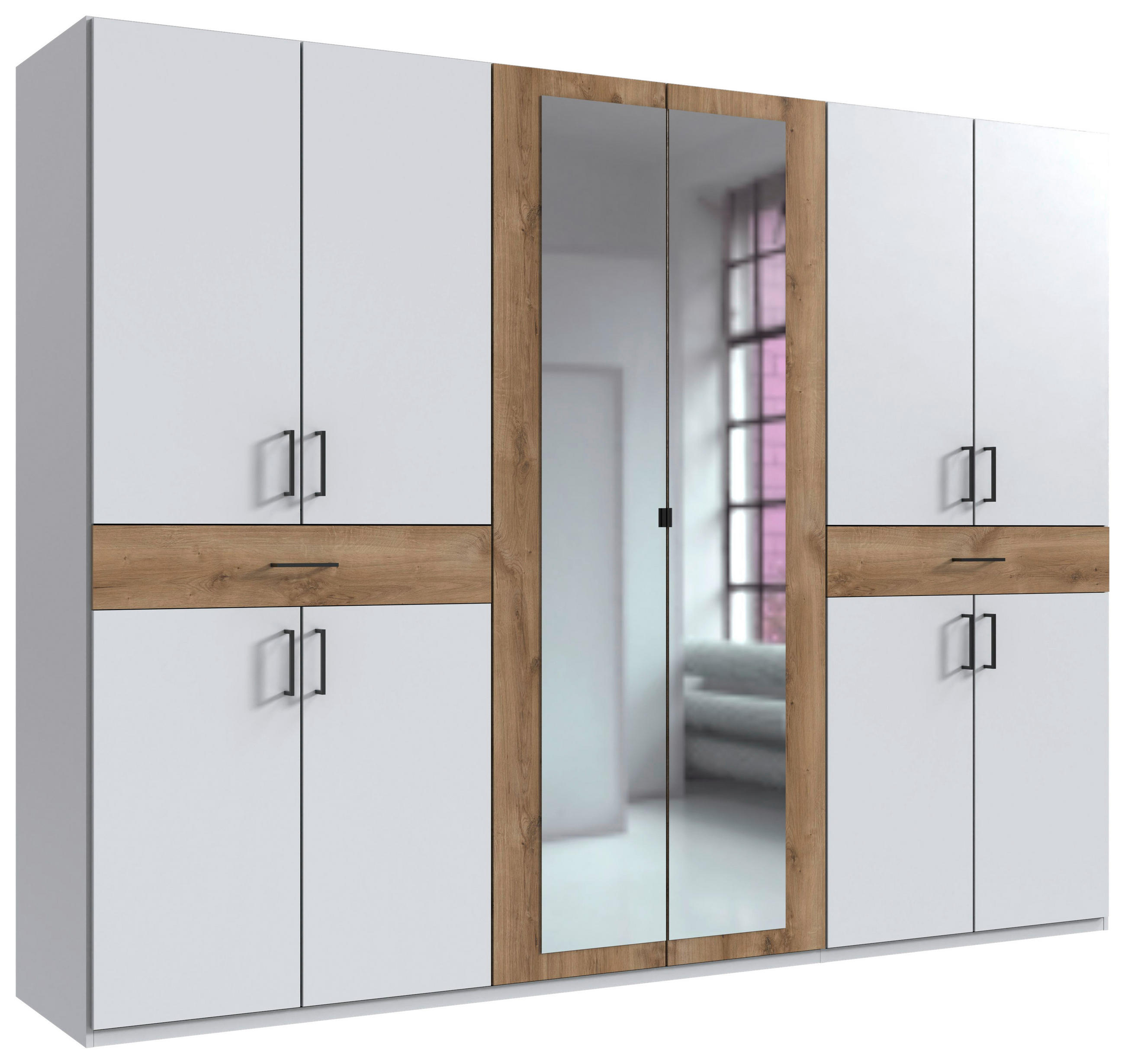 DREHTÜRENSCHRANK  in Weiß, Plankeneiche  - Plankeneiche/Schwarz, KONVENTIONELL, Glas/Holzwerkstoff (270/208/58cm) - Carryhome