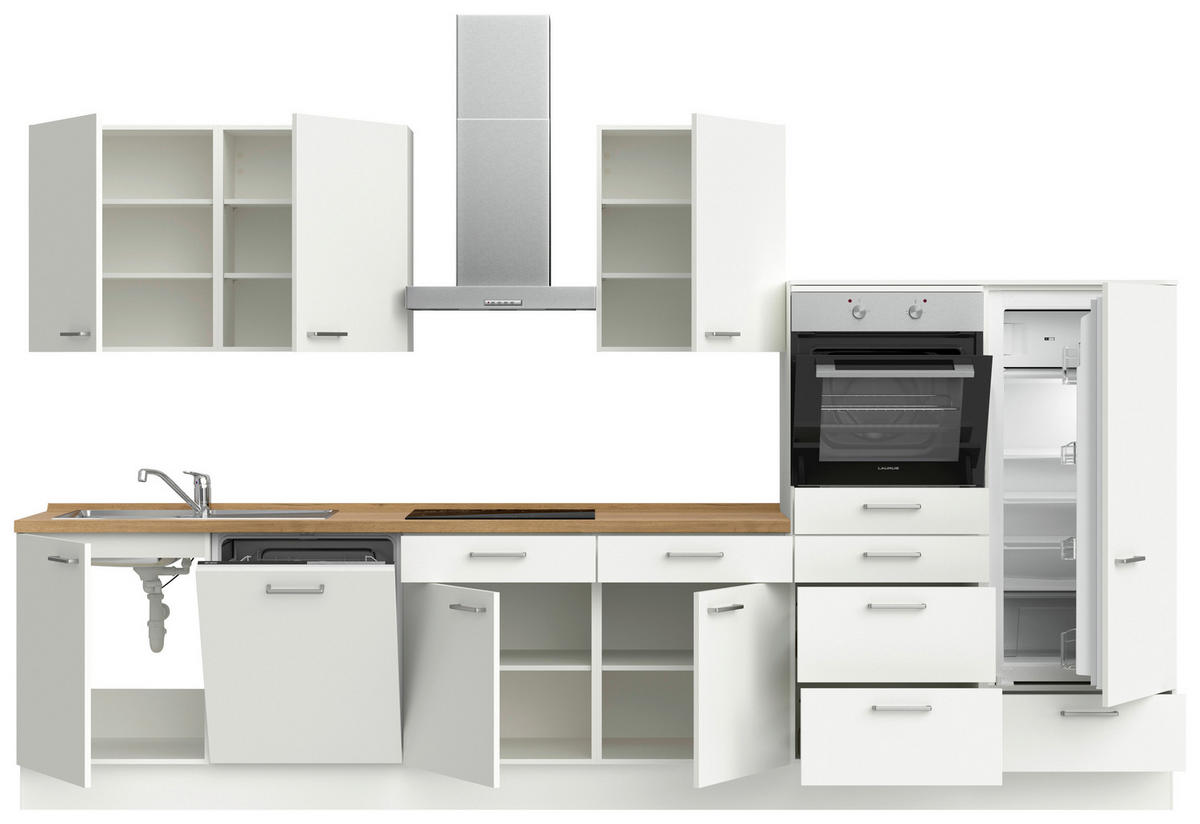 KÜCHENBLOCK 360 cm   in Weiß, Eichefarben  - Edelstahlfarben/Eichefarben, MODERN, Holzwerkstoff/Metall (360cm) - Nobilia