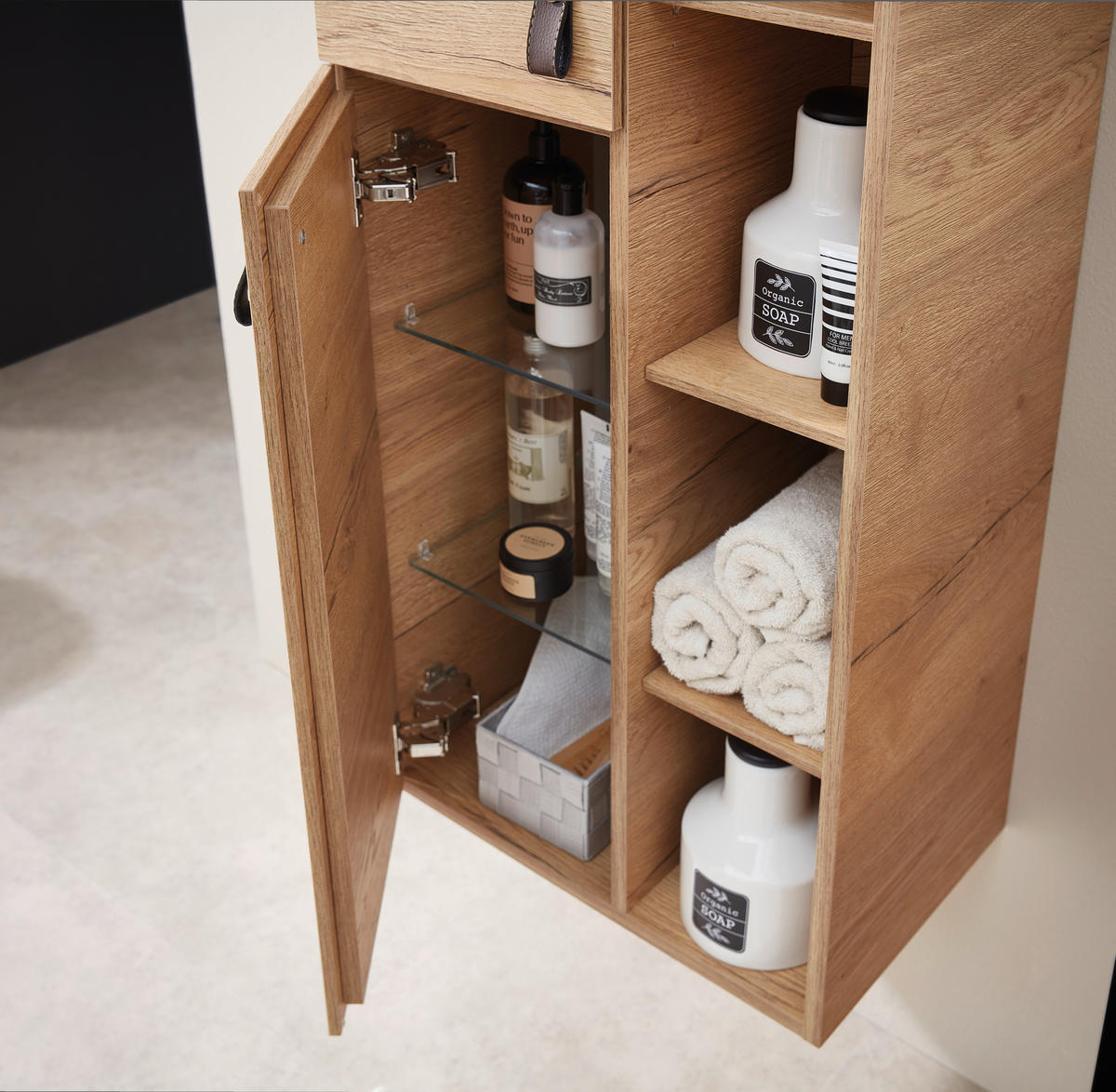 HOCHSCHRANK 50/168/31,8 cm  - Eichefarben/Braun, KONVENTIONELL, Glas/Leder (50/168/31,8cm) - Sadena